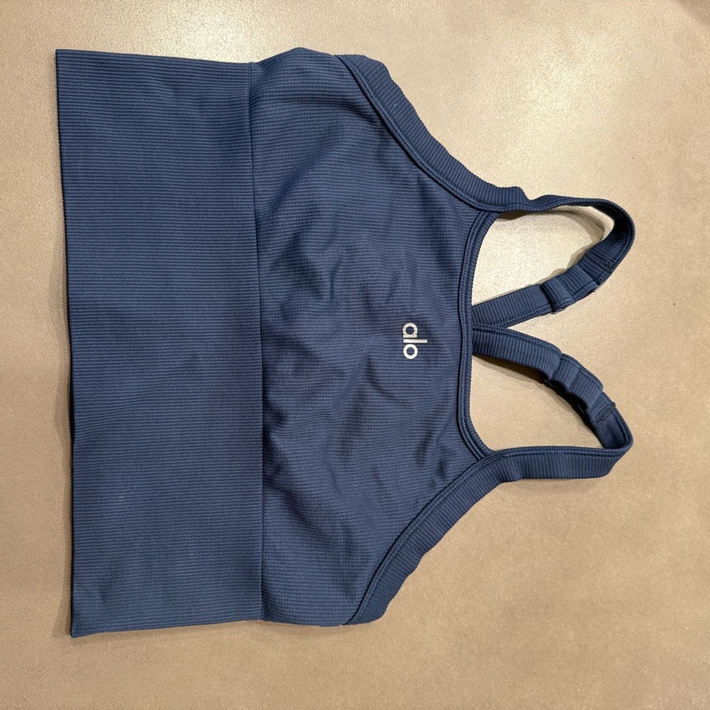 ALO Yoga Navy Blue Ribbed Sports Bra